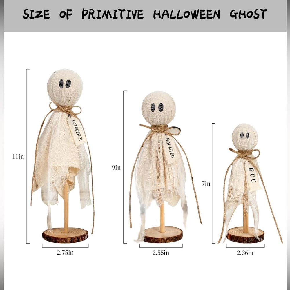 Primitive Set of 3 Halloween Ghosts on Wooden Stand - New - Picture 8 of 9